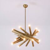 Pair of matte gold-plated brass chandeliers. Italian work from the 1970s.