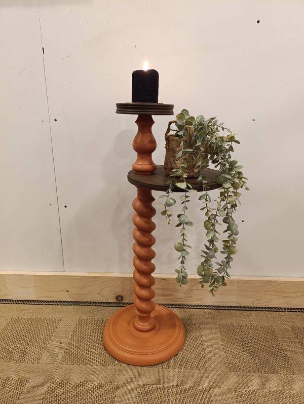 Guéridon Torsadé Vintage Relooké - Terracotta, Noyer & Cuivre