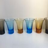 Set of 6 colored and engraved design shot glasses 60s-70s