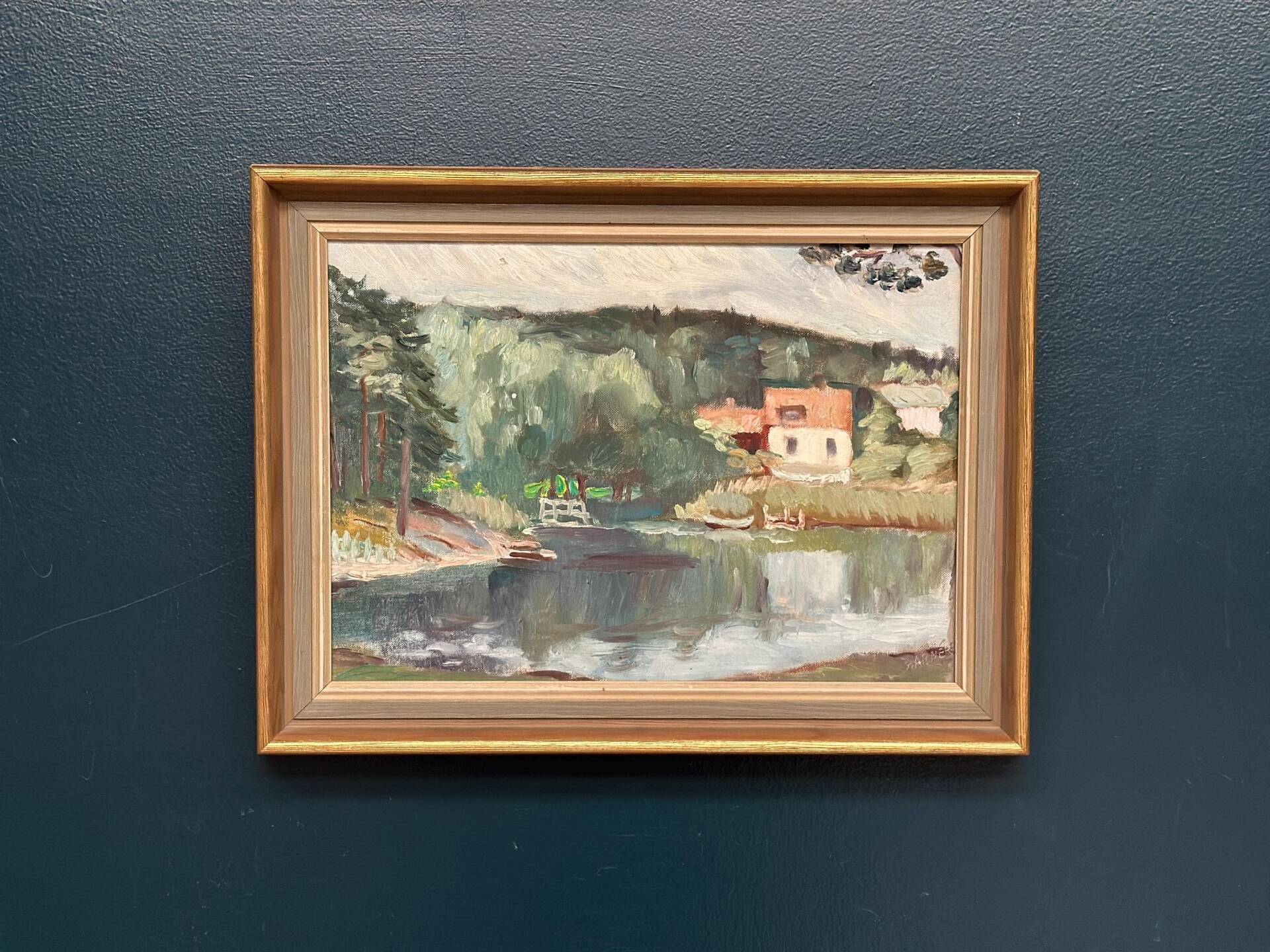 Swedish Oil on Canvas – “Lake with Houses” by G. Arner – Signed