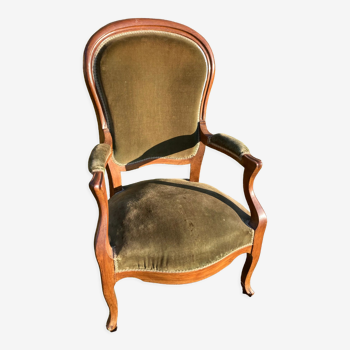 Fauteuil Voltaire Louis Philippe en velours vert bois XIX