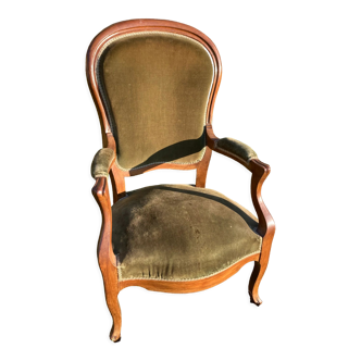 Fauteuil Voltaire Louis Philippe en velours vert bois XIX
