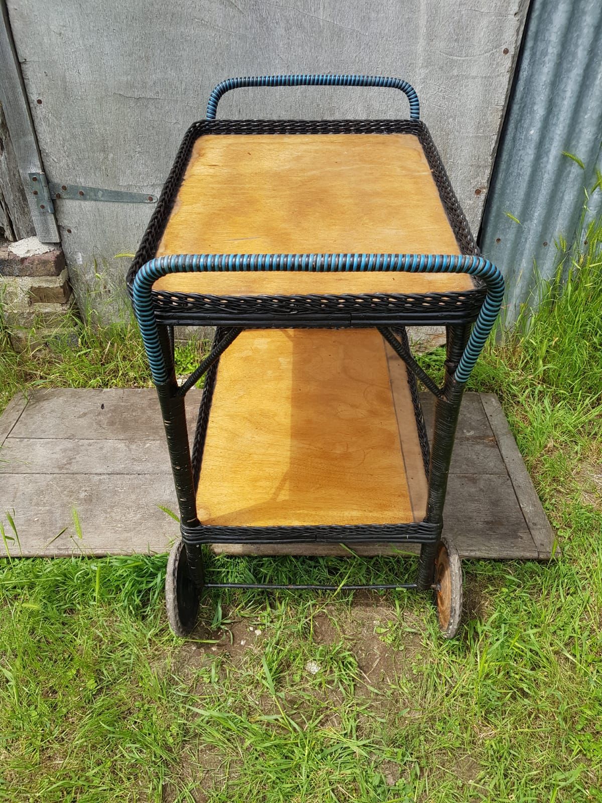 Old service servant rattan & scoubidou on wheels metal + wood trays