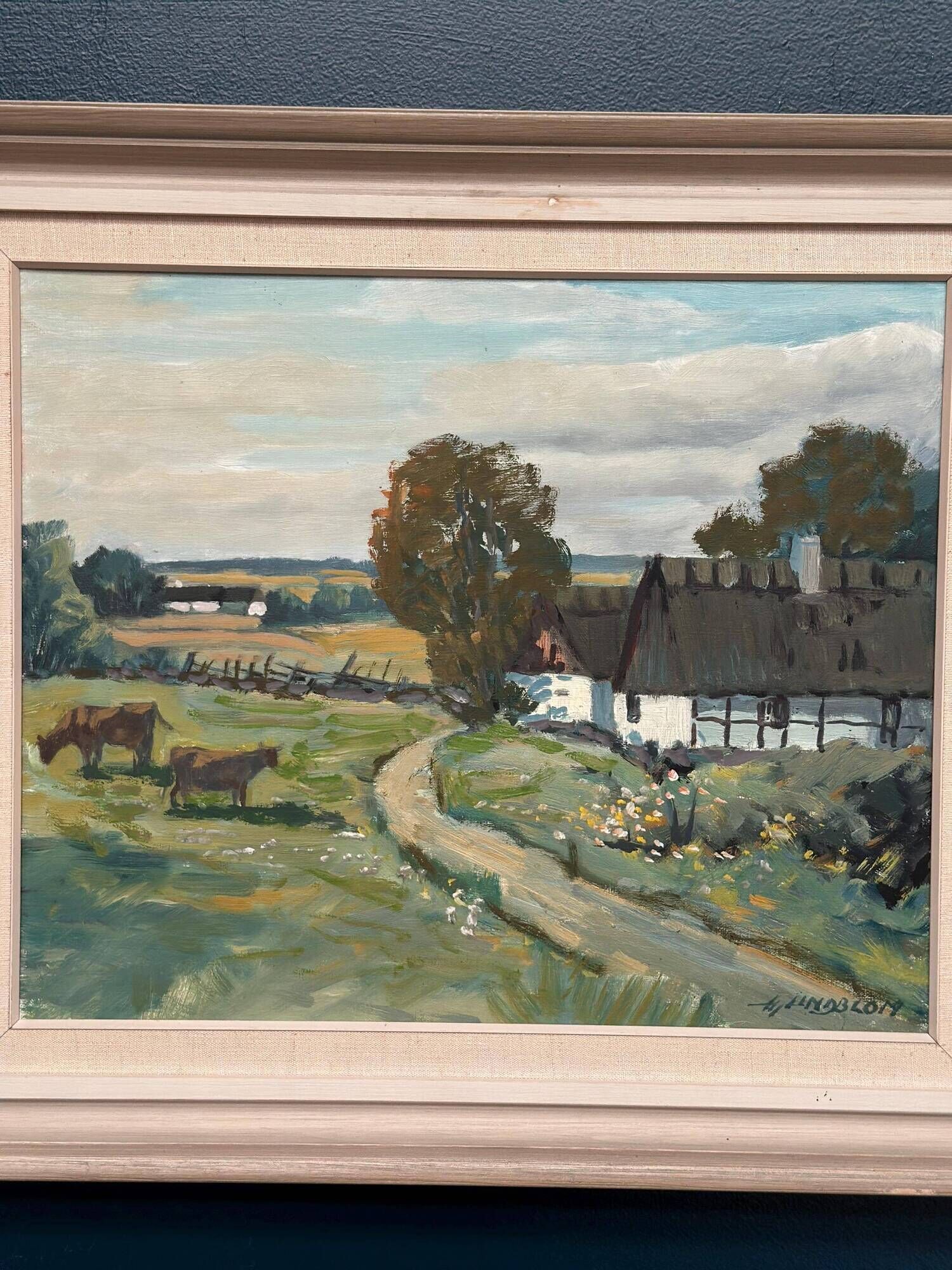 Swedish Oil on Canvas – “Farms with Grazing Cows” by Hjalmar Lindblom