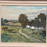 Swedish Oil on Canvas – “Farms with Grazing Cows” by Hjalmar Lindblom