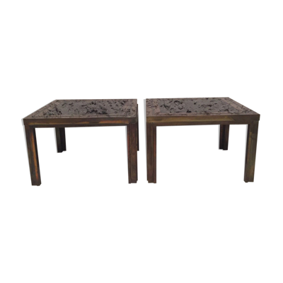 Paire de tables basses en laiton et mirroir noir des années 70