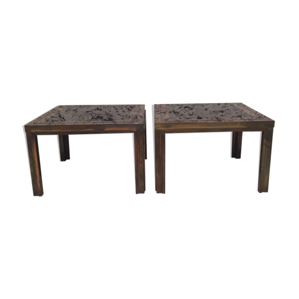 Paire de tables basses en laiton et mirroir noir des années 70