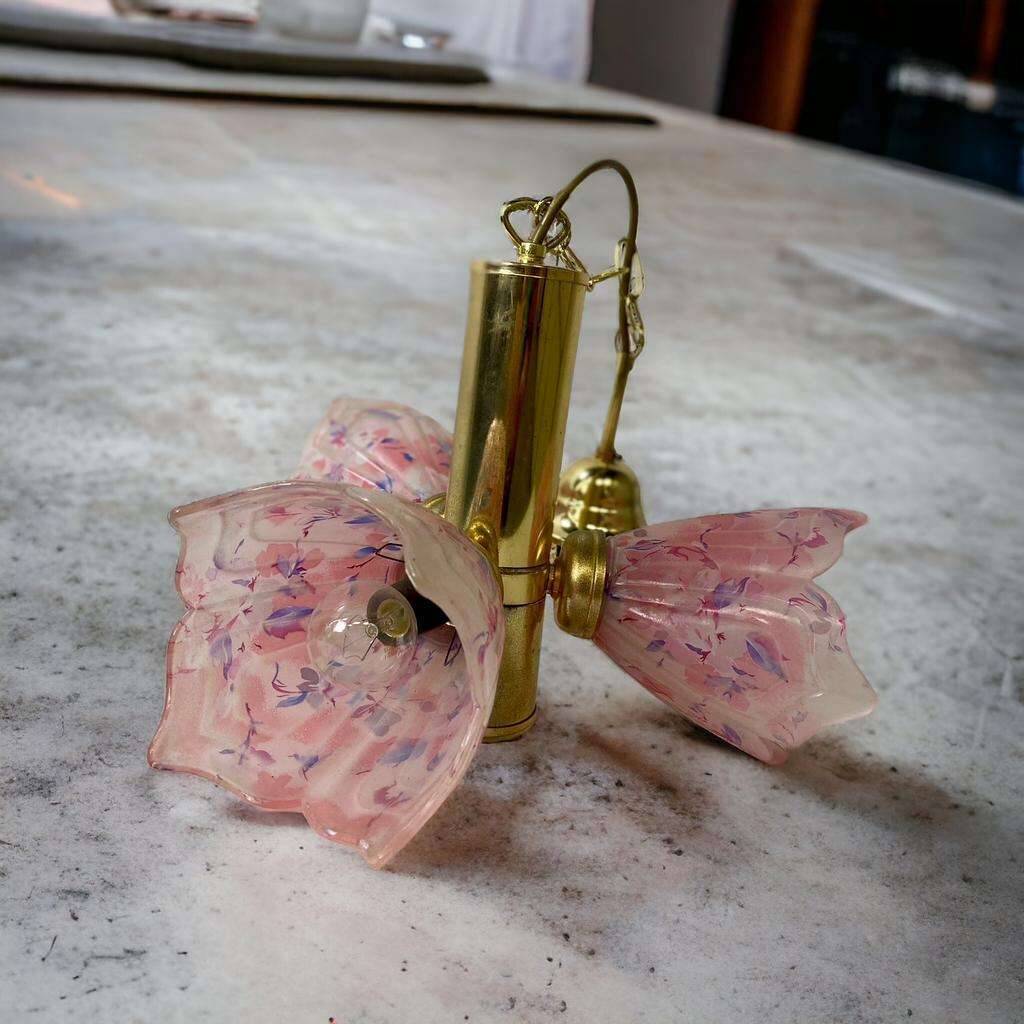 VINTAGE SPUTNIK BRASS CHANDELIER WITH PINK SHADES