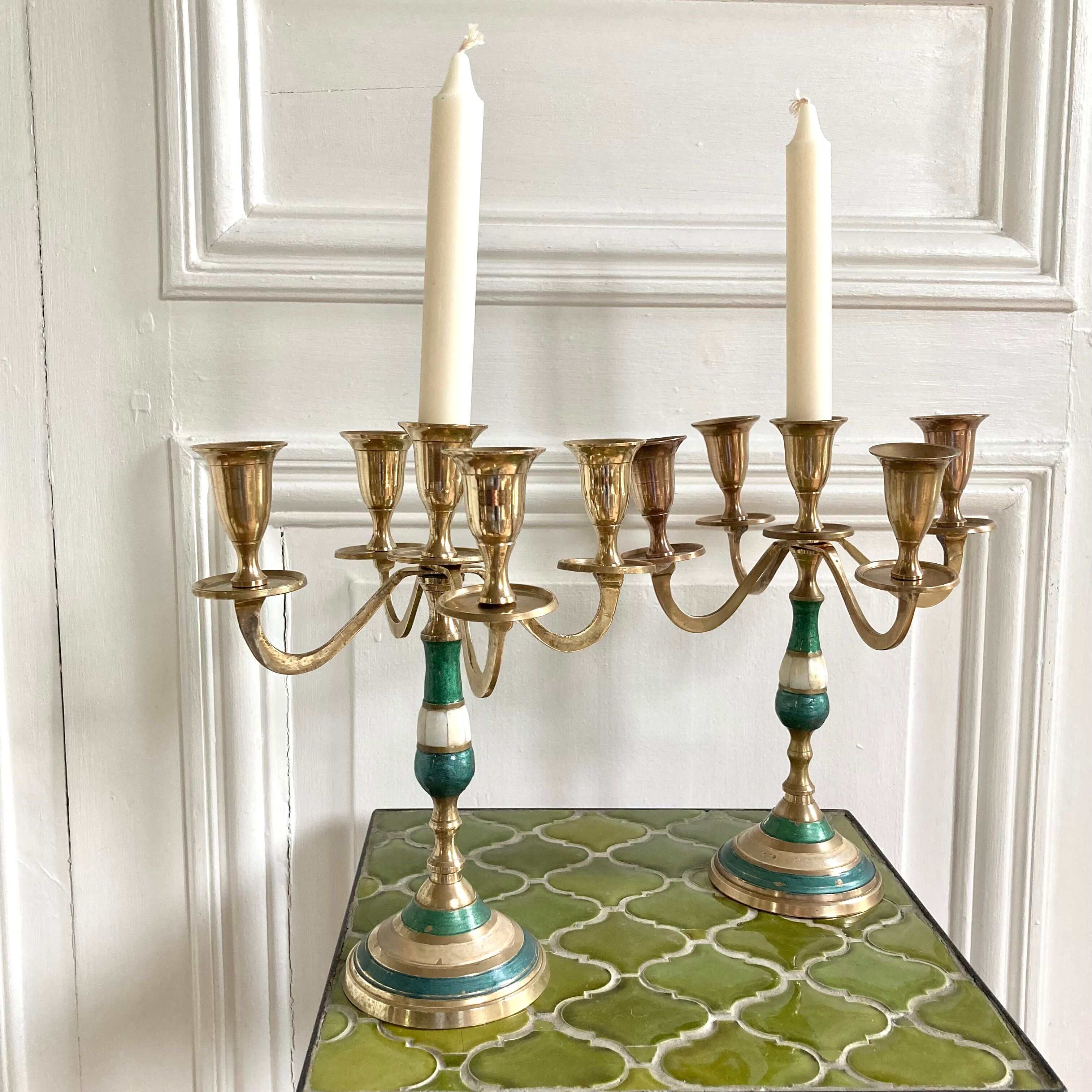 Pair of candlesticks brass and mother-of-pearl candlesticks
