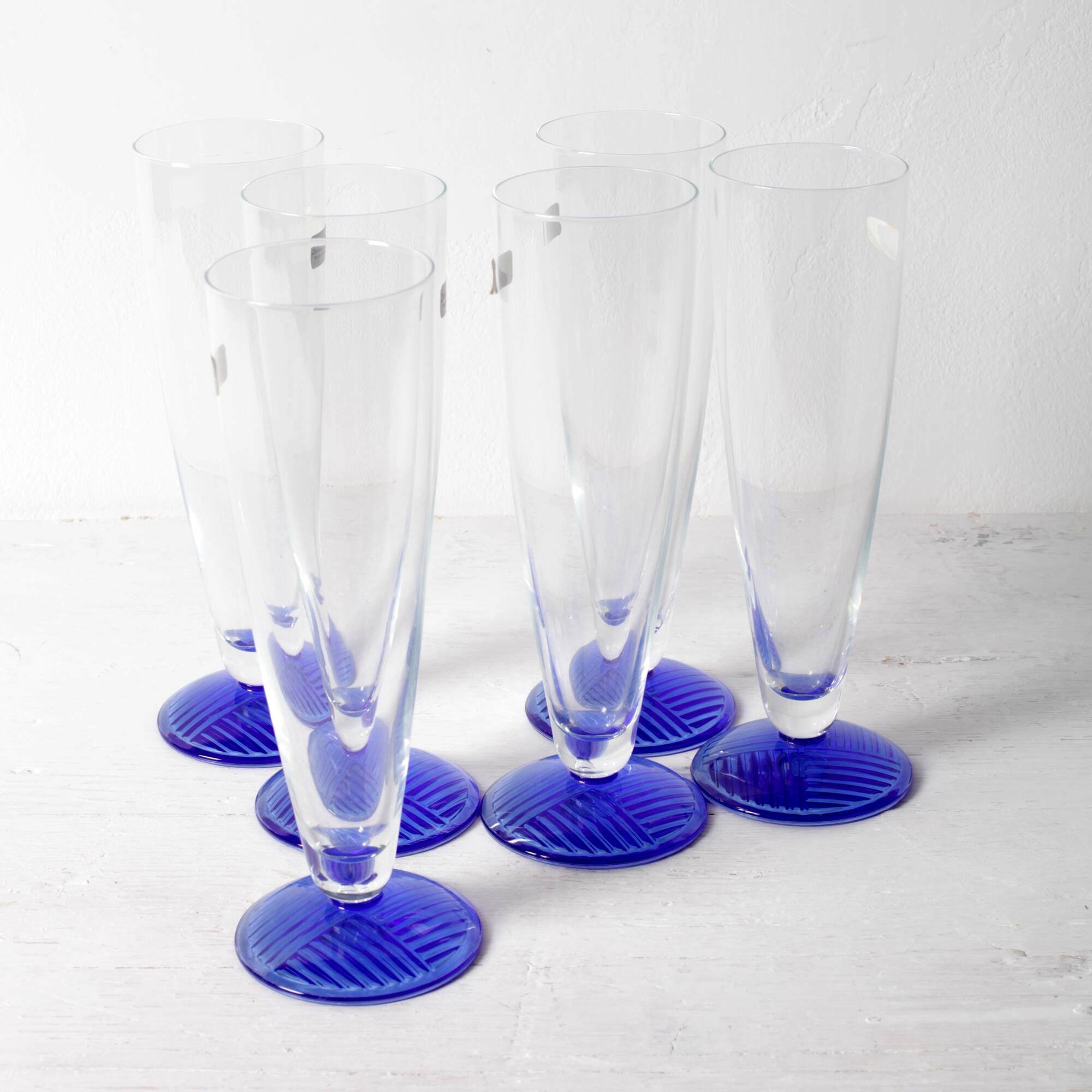 Set of 6 Vintage Blue-Footed Glasses /Rare Tall Tumblers / Zwiesel Glas / G