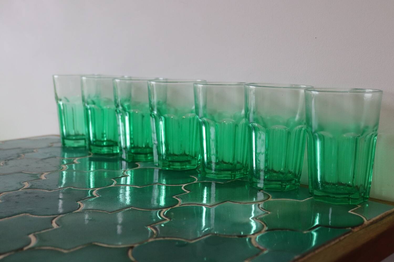 7 large vintage green water glasses