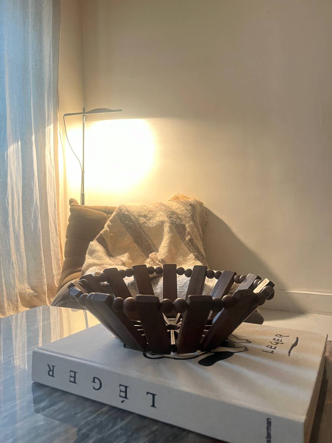 Geometric olive wood basket, France 1970