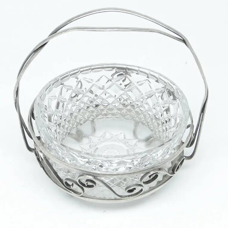 Sugar bowl, postmodernism, silver-plated brass, glass, HEFRA, Poland, 1970s
