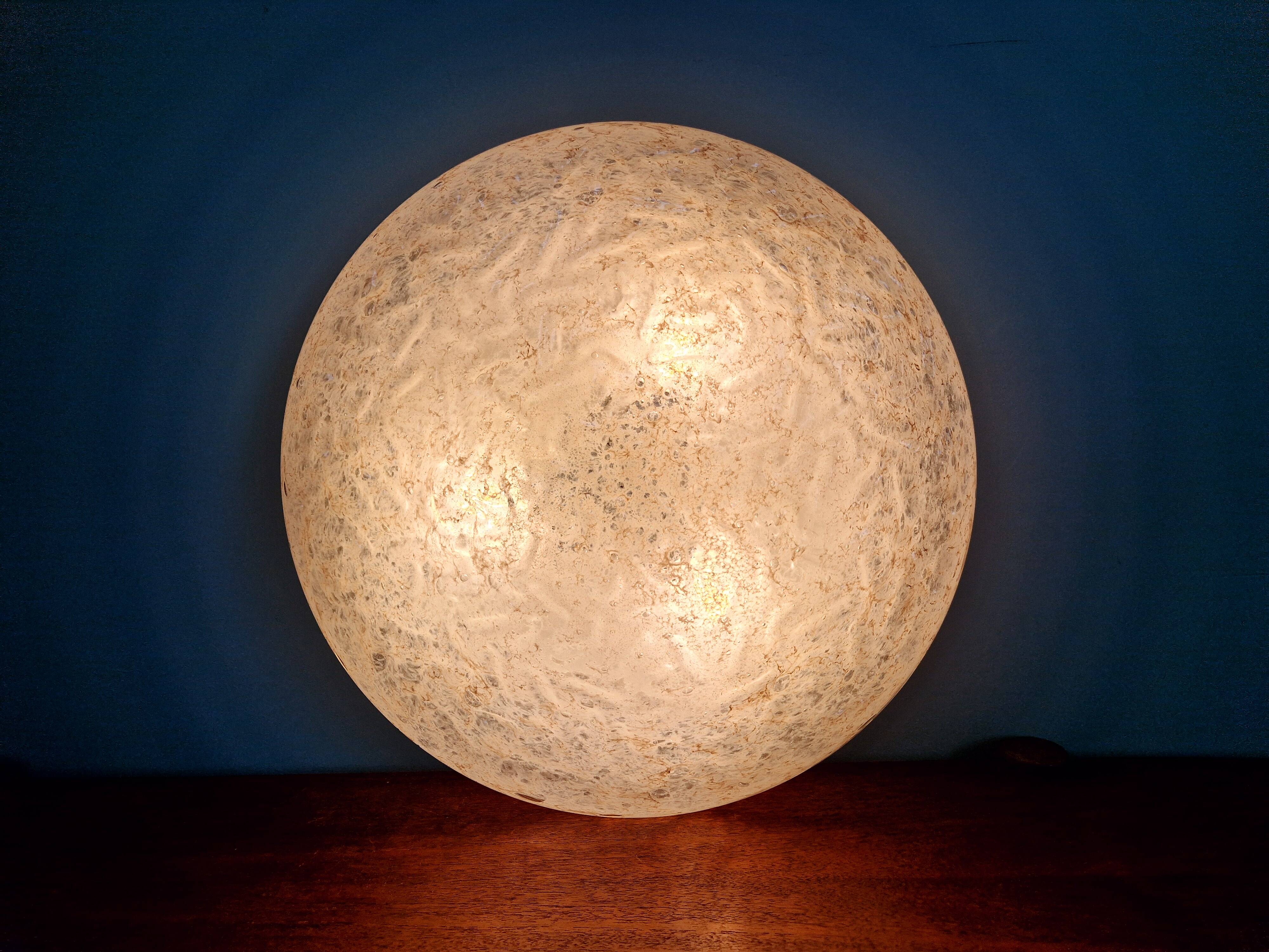 Large ceiling light in textured iced glass (diam 45cm), Doria, 1970