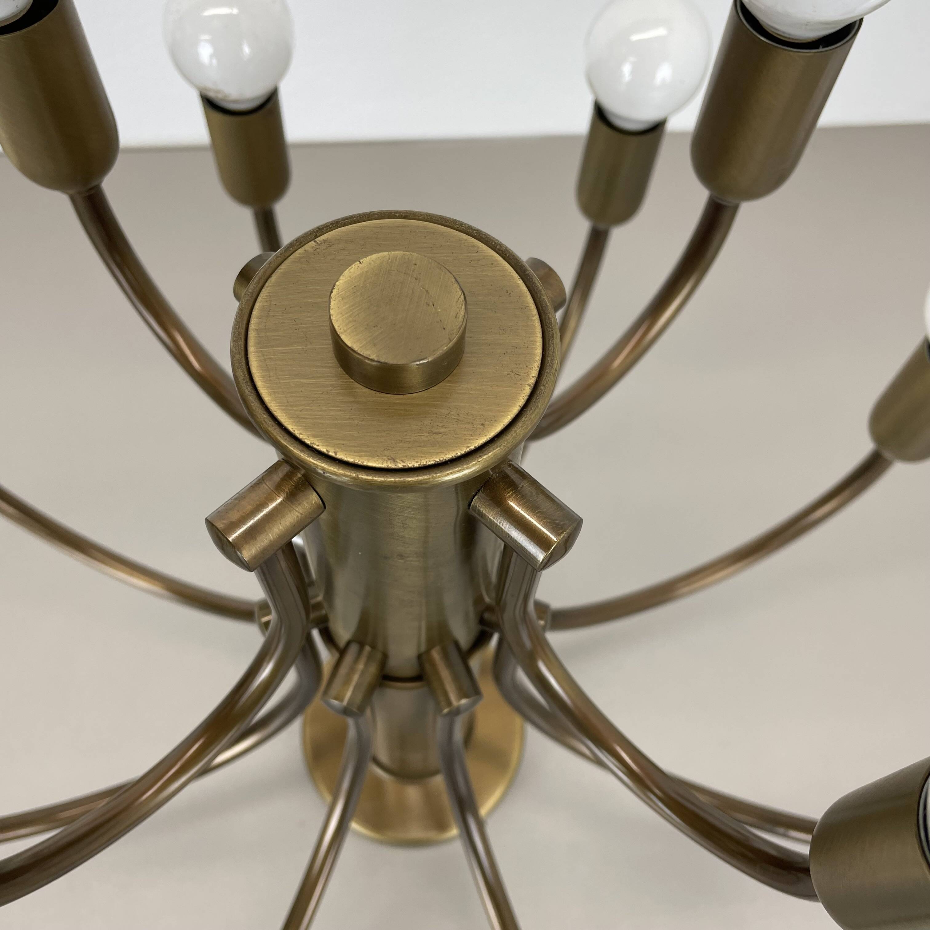 large 12-armed solid Brass ceiling light Chandelier by WKR Lights, Germany 1970s