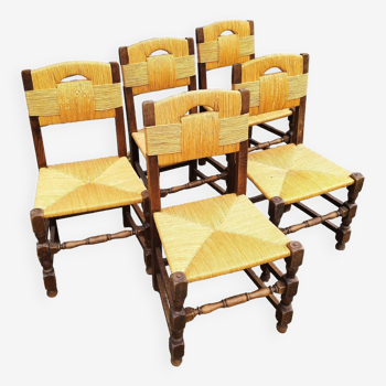 Cinq (5) chaises paillées design vintage