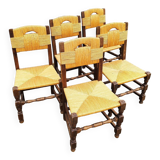 Cinq (5) chaises paillées design vintage