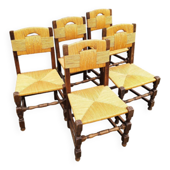 Cinq (5) chaises paillées design vintage