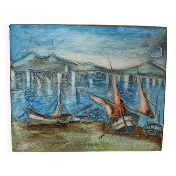 Billet " Port en méditerranée " ( La Ciotat ? ) peinture HSP