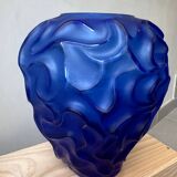 Blue frosted crystal vase Cristallerie de haute Bretagne France