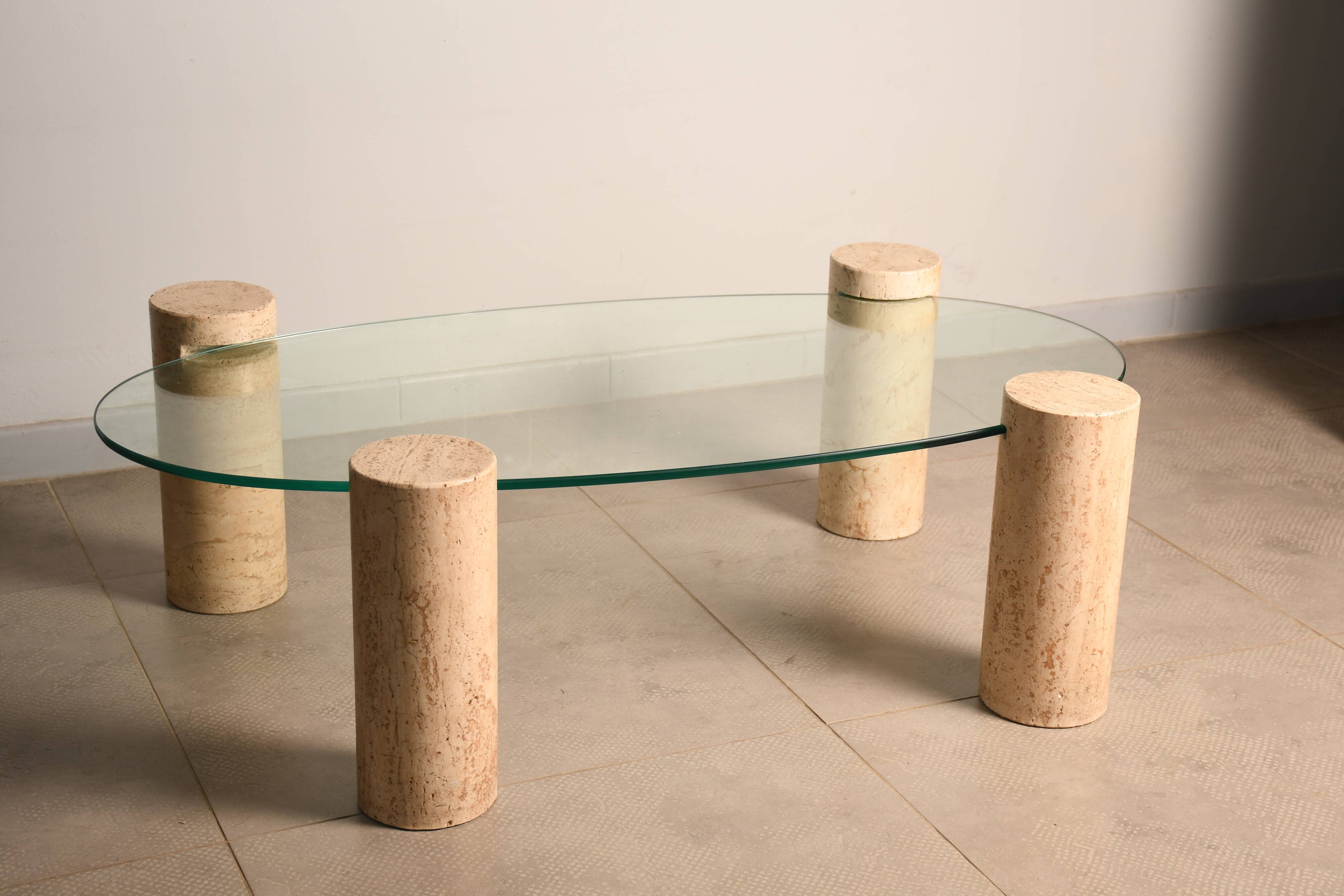 Coffee table, marble legs, glass top, from the 60s