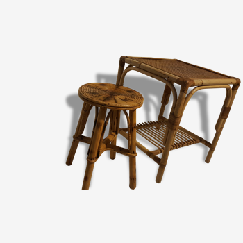 Table low vintage with his stool in bamboo and rattan