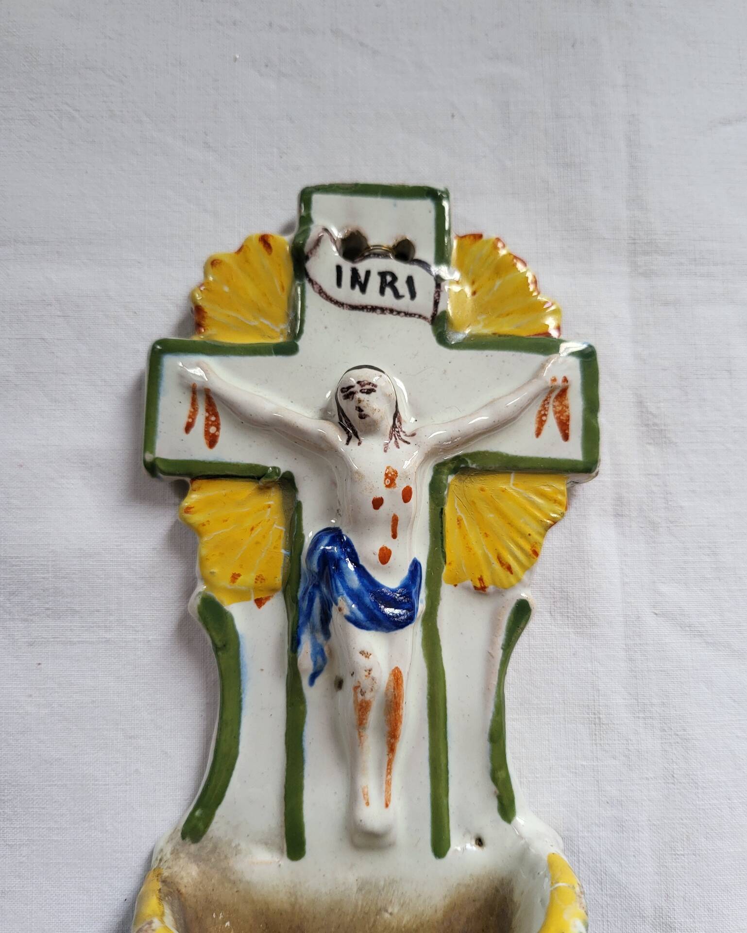 Ancient Faience Baptismal Font from the East Christ Cross INRI Nevers