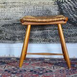 Tabouret style scandinave en paille et bois, années 1950
