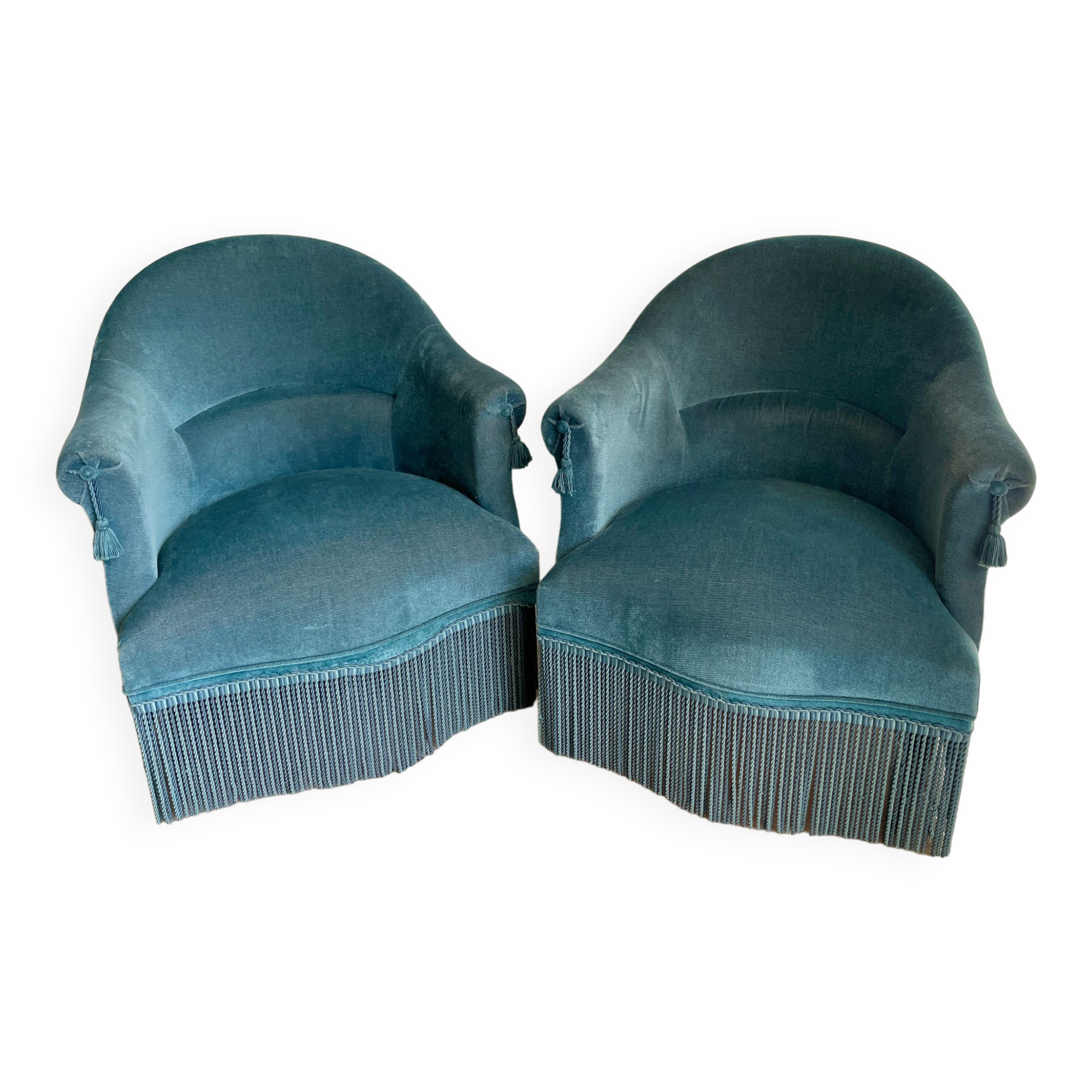 Paire de fauteuils crapauds en velours bleus