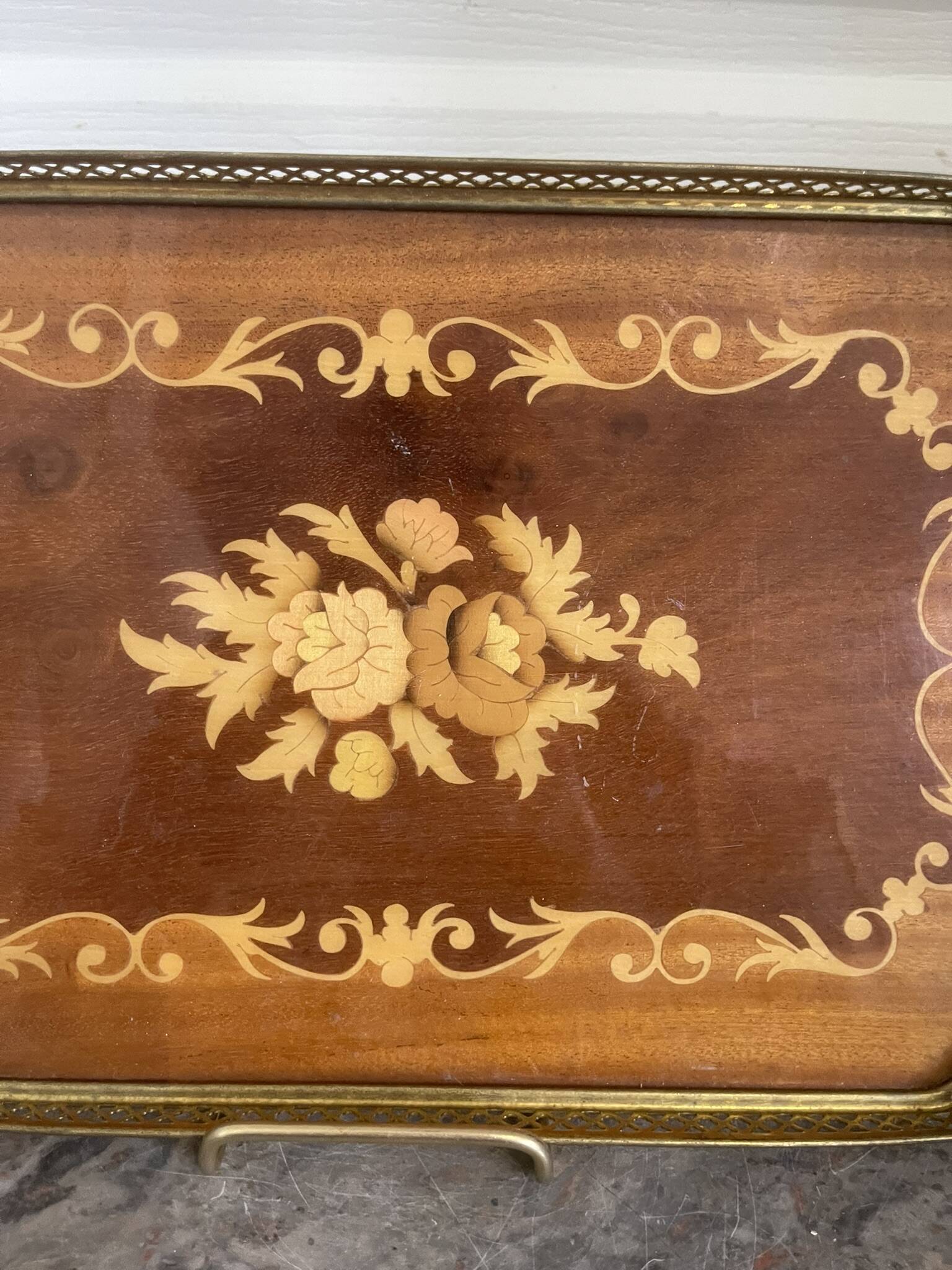 Vintage Italian Sorrento Wood Marquetry Brass Serving Tray 36