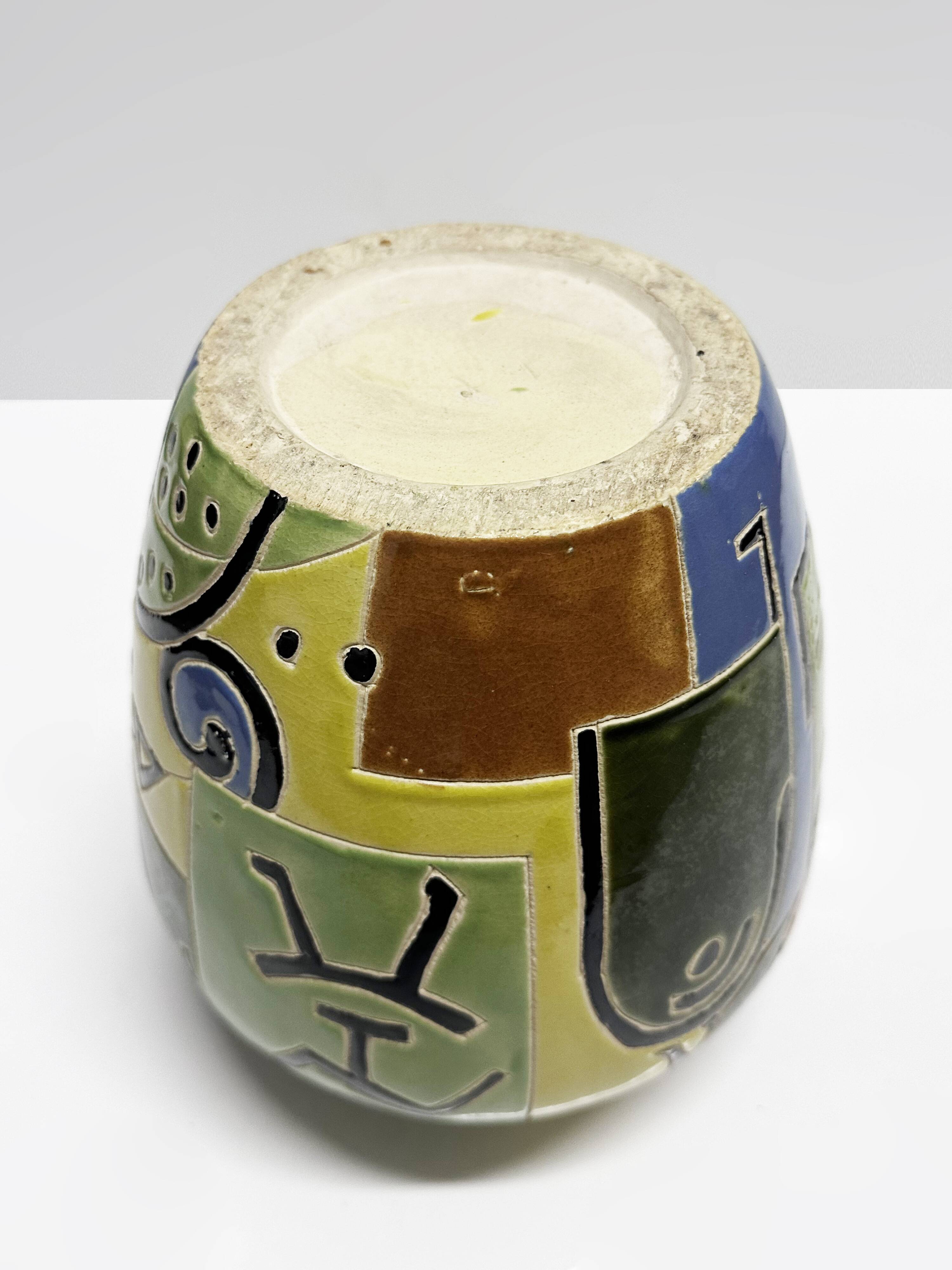 Glazed ceramic vase with Africanist decoration, France 1980s.
