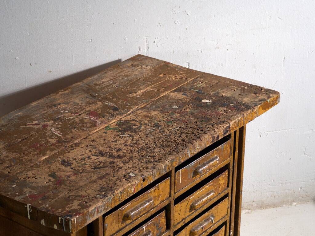 Industrial drawer unit in pine and iron – Central Europe, circa 1950