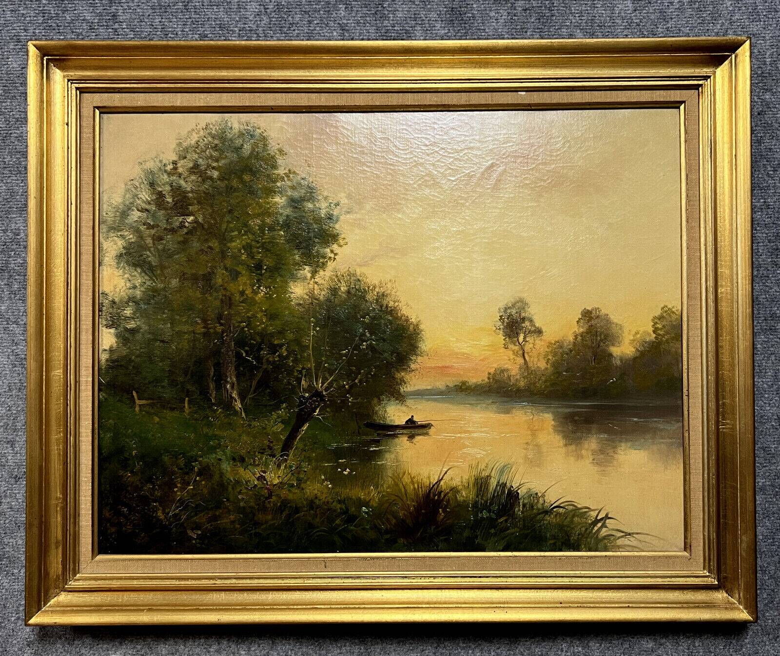 Barbizon School by C. Lion (19th): Painting representing a lively riverside around 1880