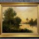 Barbizon School by C. Lion (19th): Painting representing a lively riverside around 1880