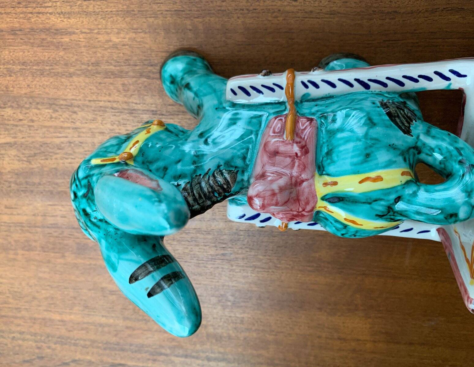 Vintage Italian hand-painted sculpture of a donkey with a cart in the shape of a bowl from Deruta, Italy.