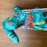 Vintage Italian hand-painted sculpture of a donkey with a cart in the shape of a bowl from Deruta, Italy.