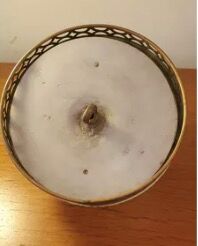 Pair of faceted glass ceiling lights and brass strapping, 1950.