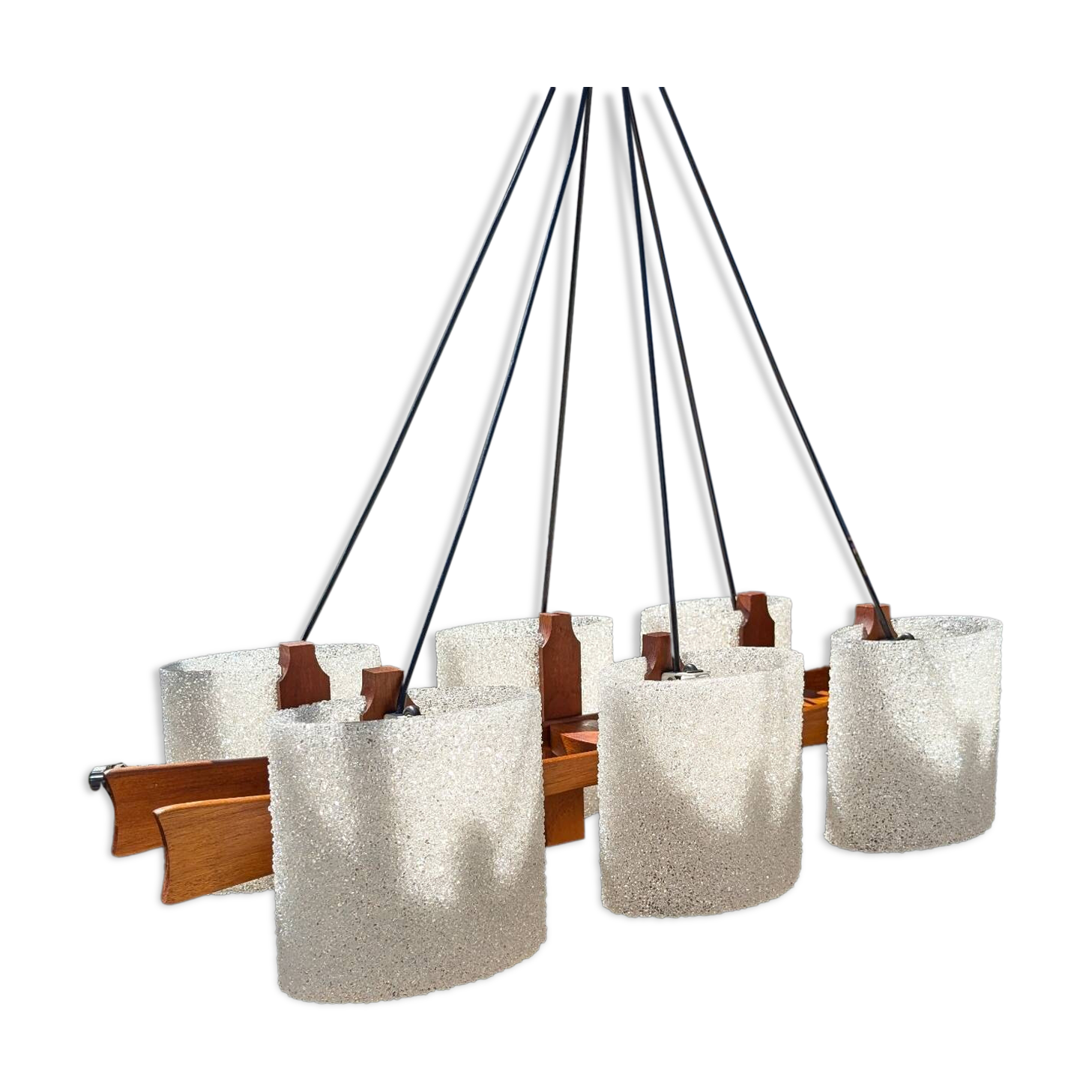 Scandinavian 6-light pendant light in teak and frosted perspex, 1960
