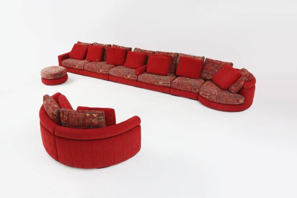 Canapé modulaire en rouge et tissu à motifs par Roche Bobois, France, années 1980.