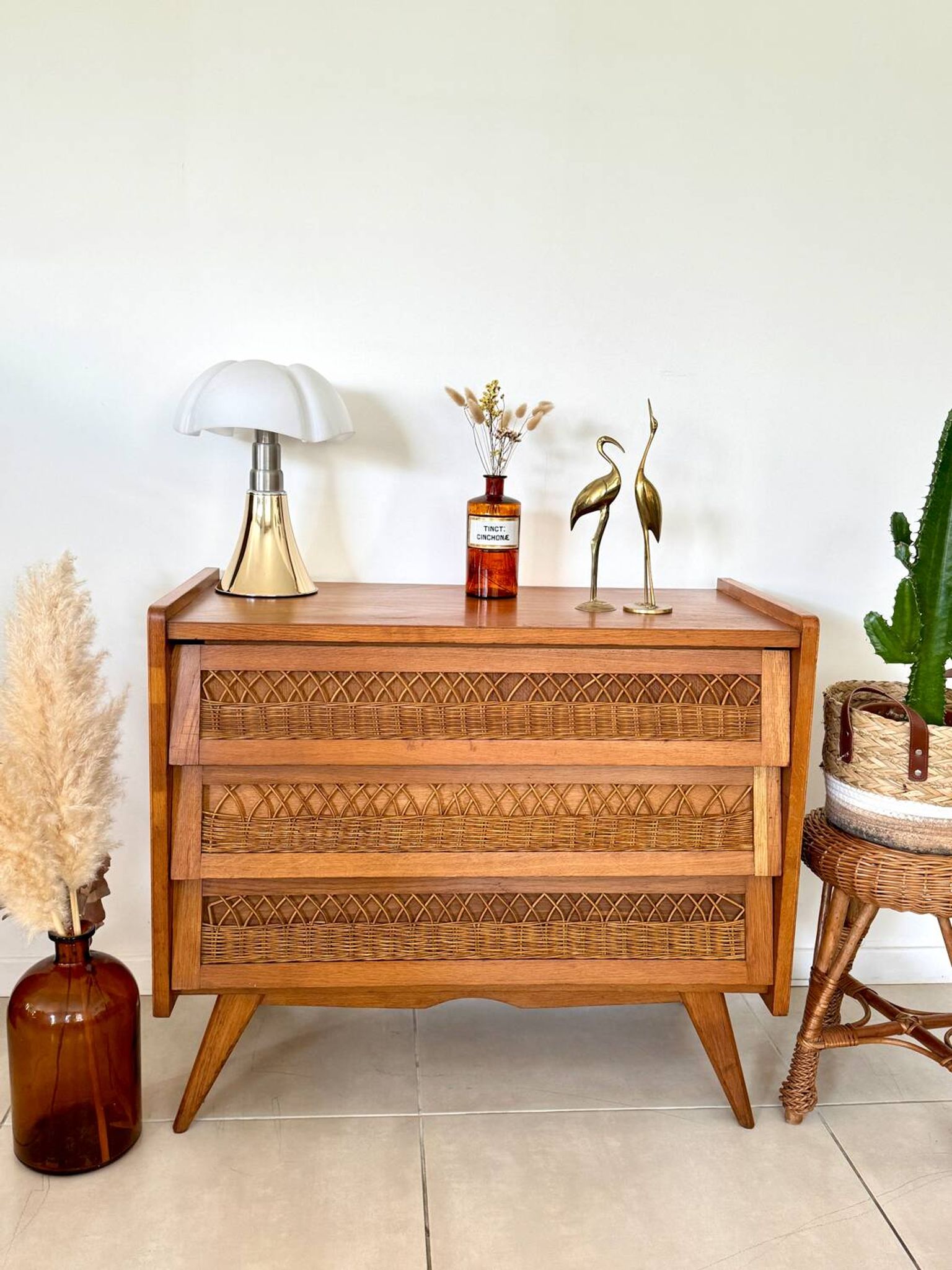 Commode bois et rotin vintage