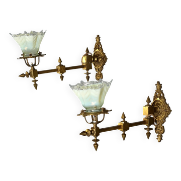 Appliques murales anciennes en laiton et verre, Italie, XXe siècle