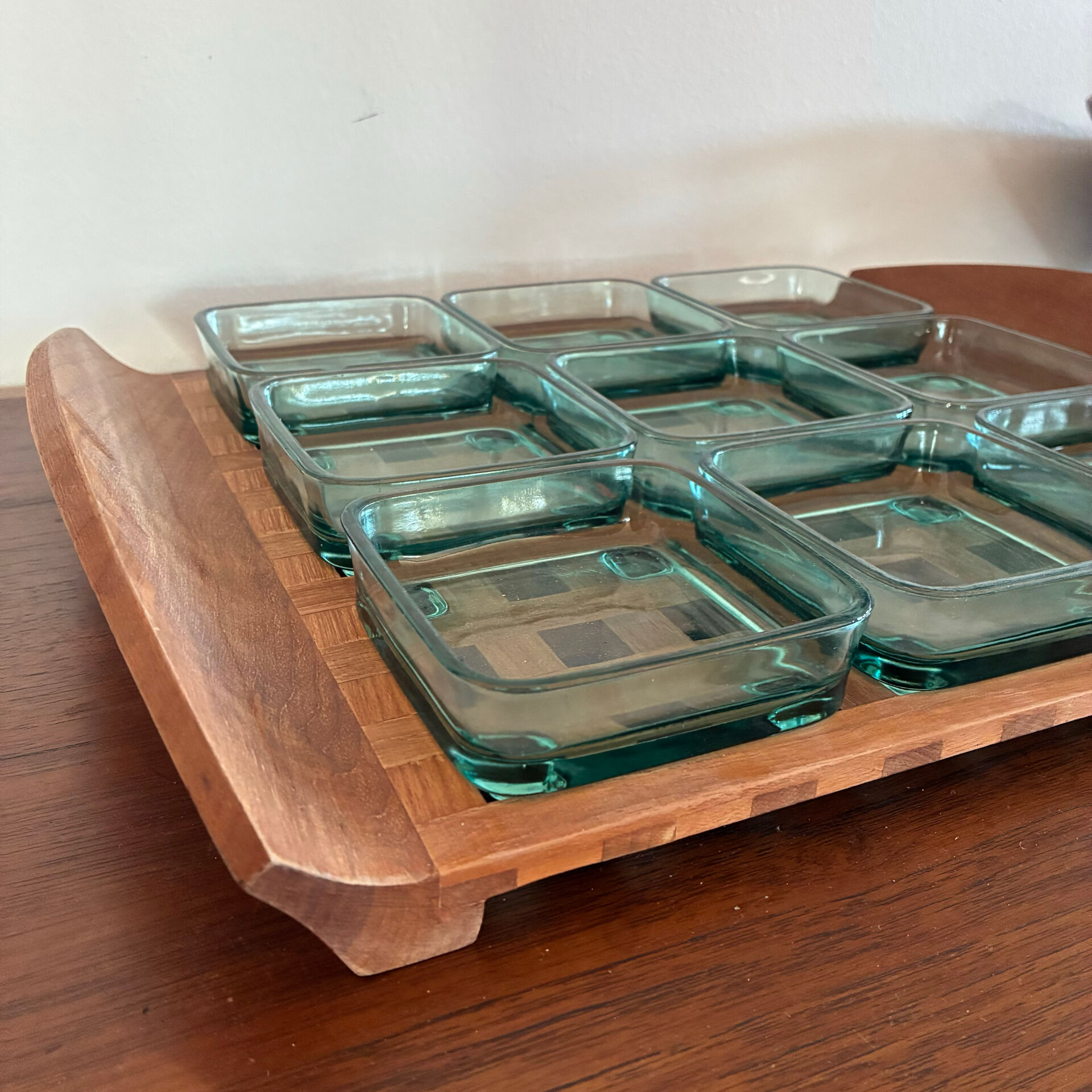 Teak tray with glass bowl by Jens Quistgaard, for IHQ Dansk Design