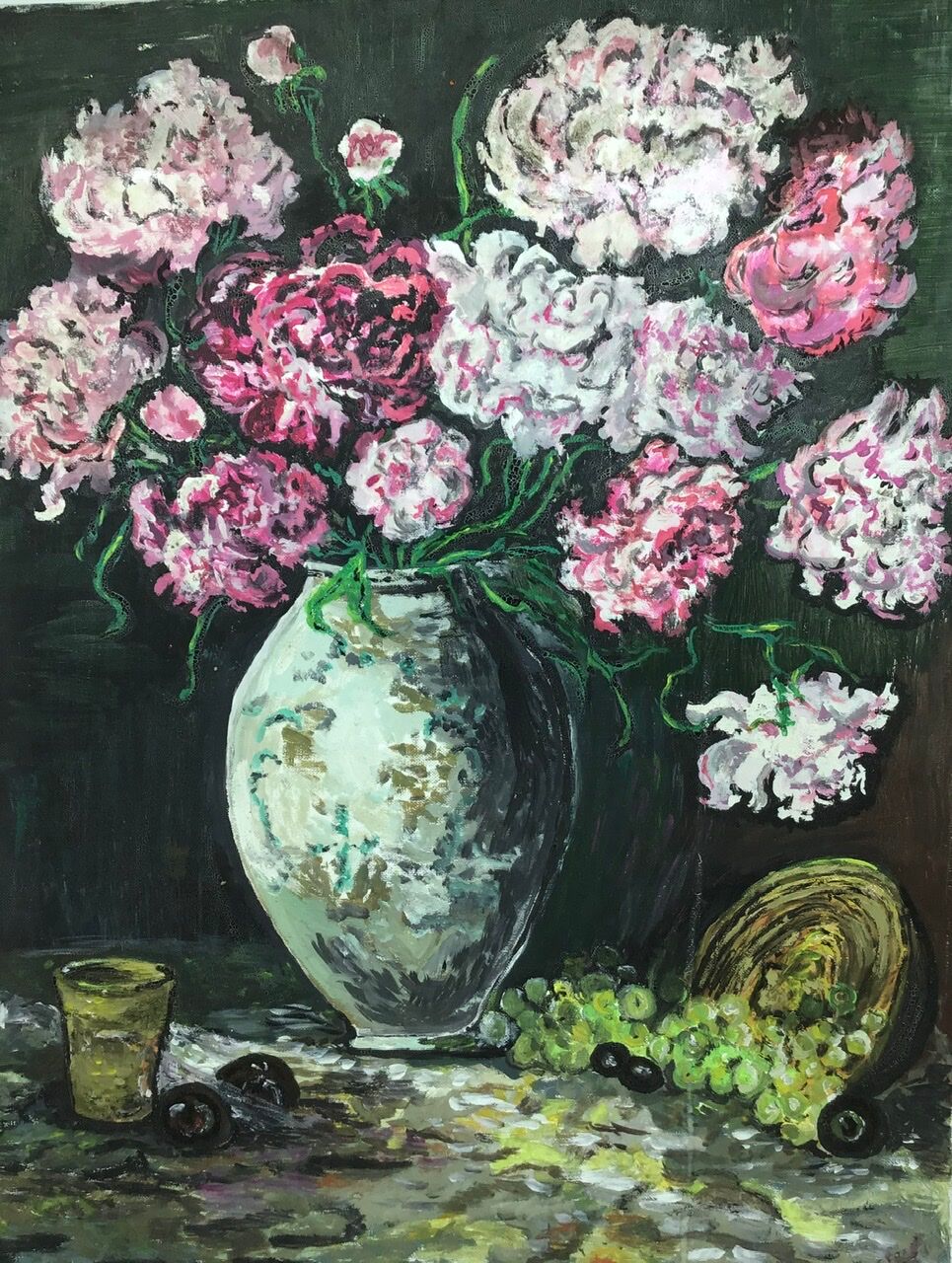Painting, still life with carnations, glass and basket of grapes, signed, 70s/80s