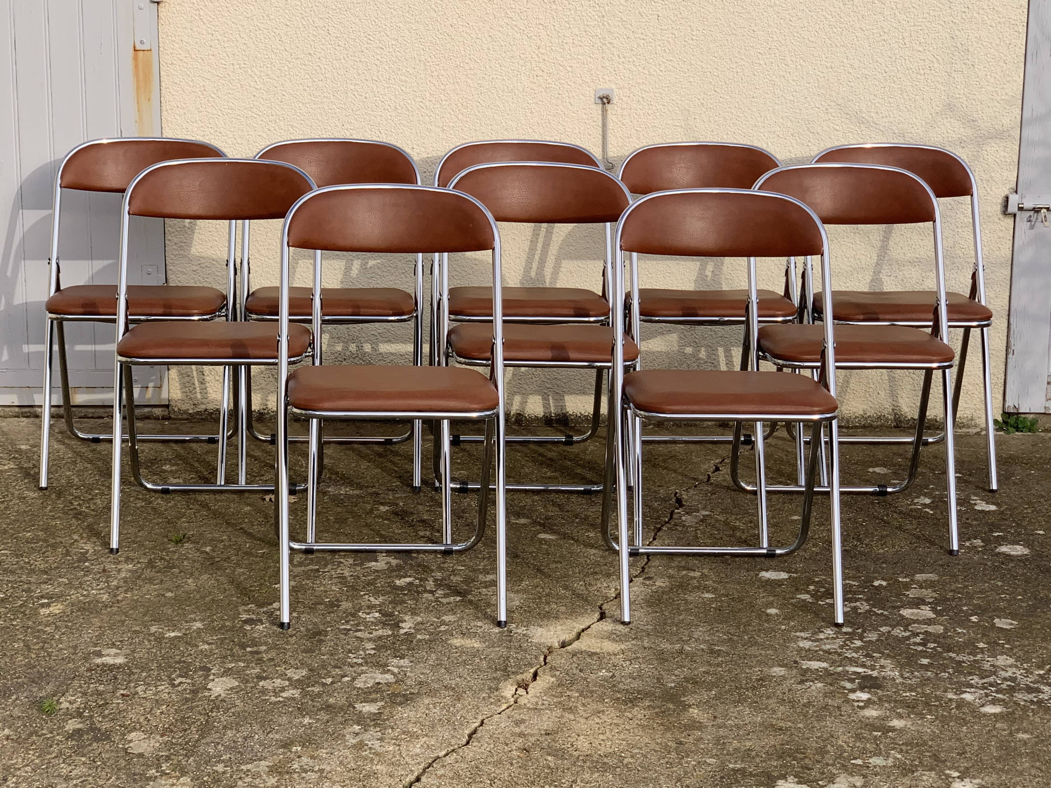 10 vintage skai and chrome metal folding chairs 1970