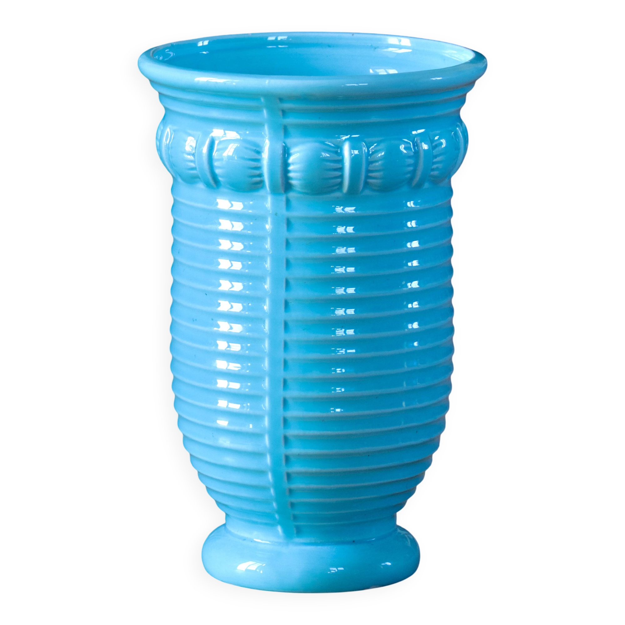 Grand vase ancien Art Deco Poël Laval, céramique émaillée turquoise