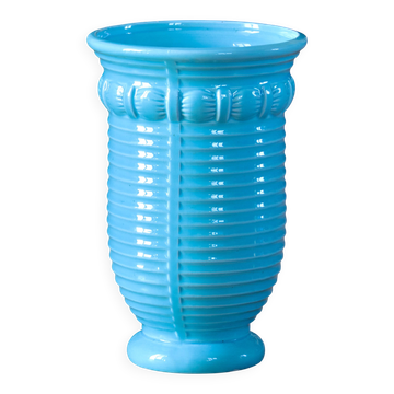 Large antique Art Deco vase by Poël Laval, turquoise glazed ceramic