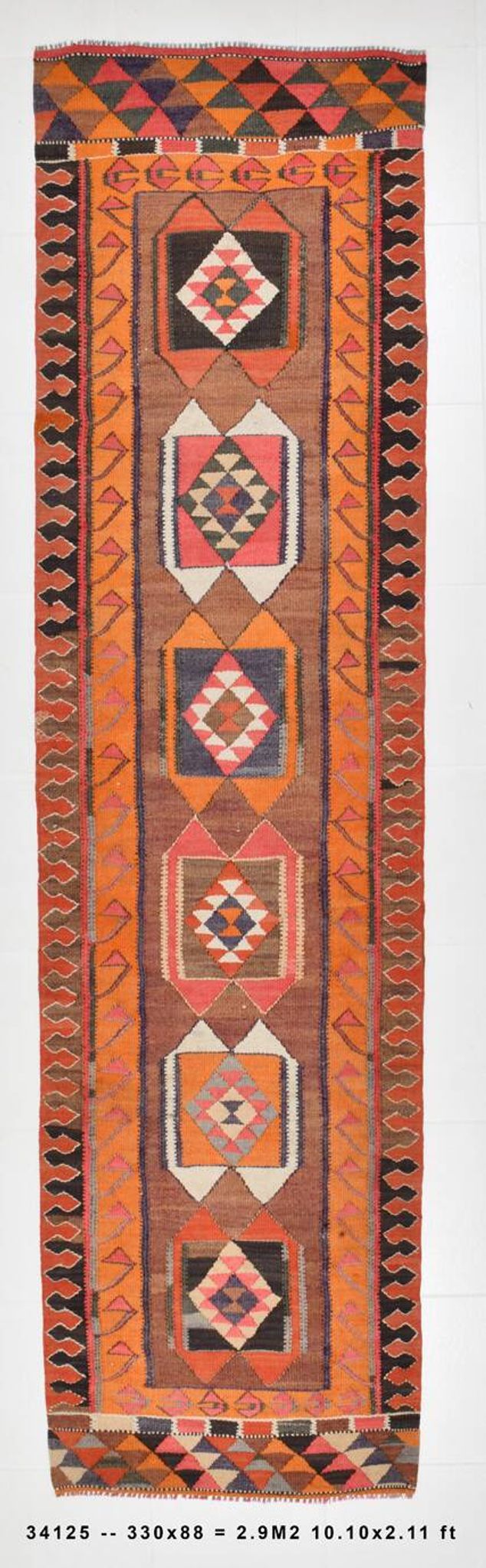 3x11 Orange & Brown Kilim Runner Rug, 88x330Cm