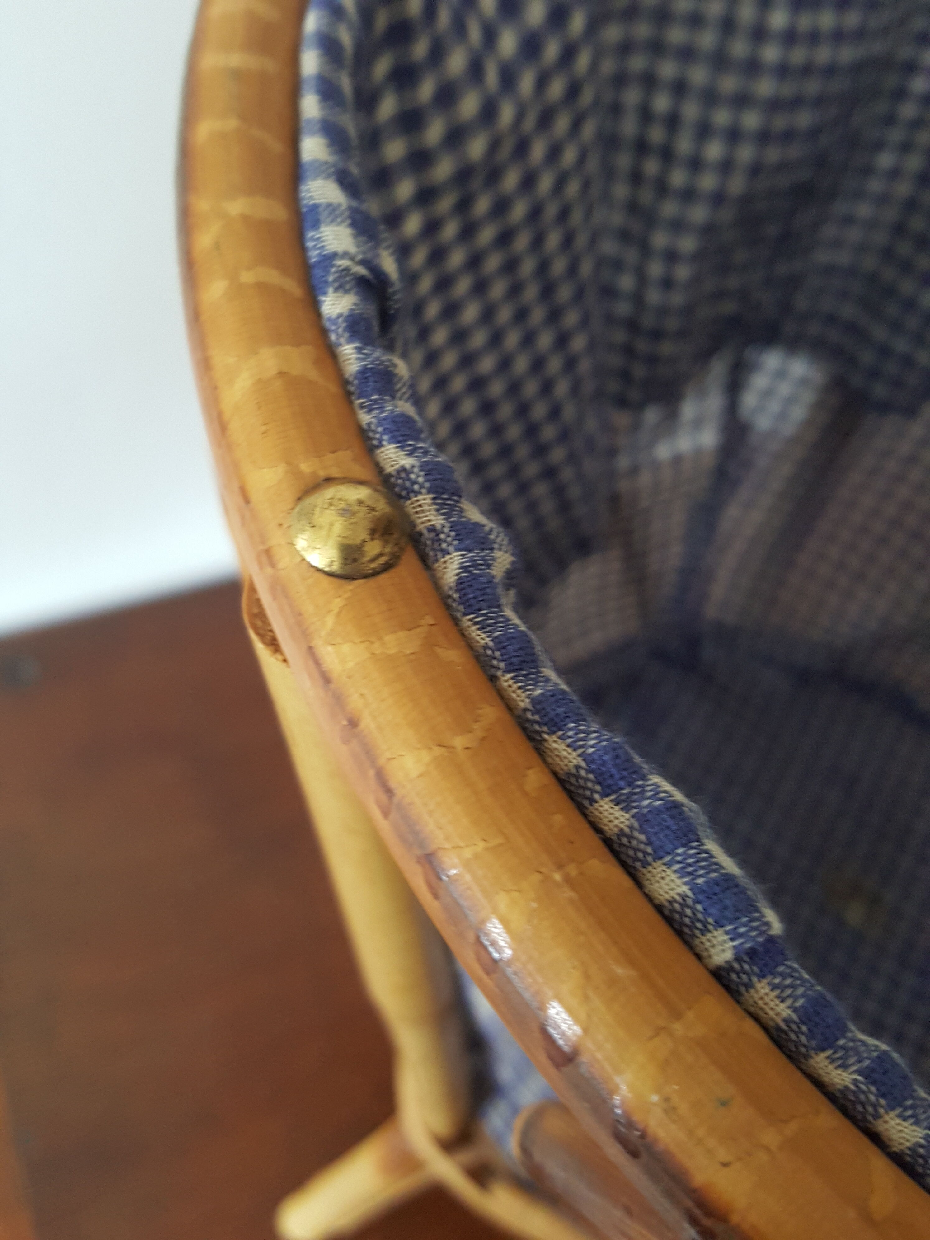 Worker sewing box rattan wicker vichy blue fabric