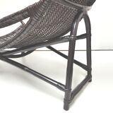 Chaise longue transat vintage en rotin noir