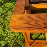 Pine coffee table, 1970s marquetry top, vinyl record rack.